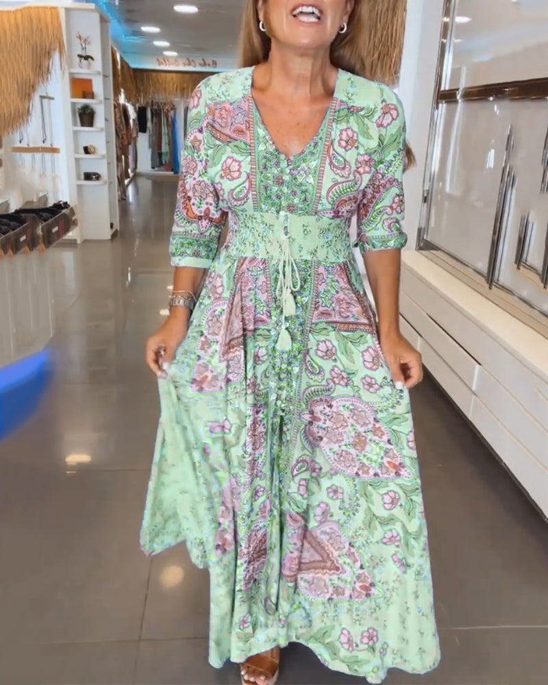 Astrid | Romantisk maxikjole med bohemeprint og bindebånd