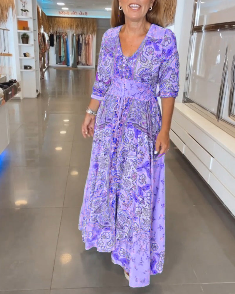 Astrid | Romantisk maxikjole med bohemeprint og bindebånd