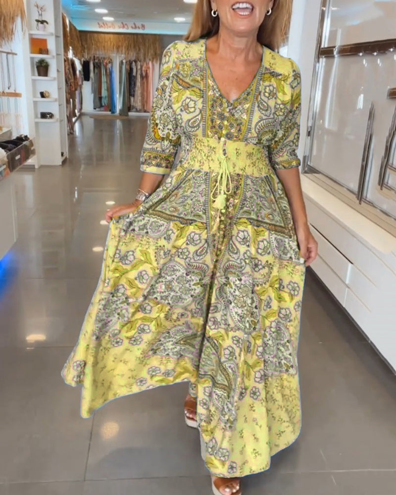 Astrid | Romantisk maxikjole med bohemeprint og bindebånd