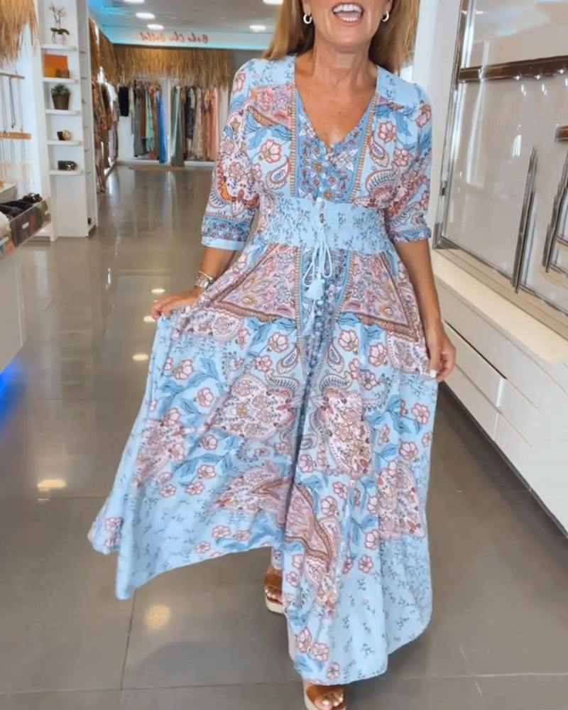 Lis – Kjole med Farverig Paisley Mønster med 3/4 Ærmer og Bindebånd