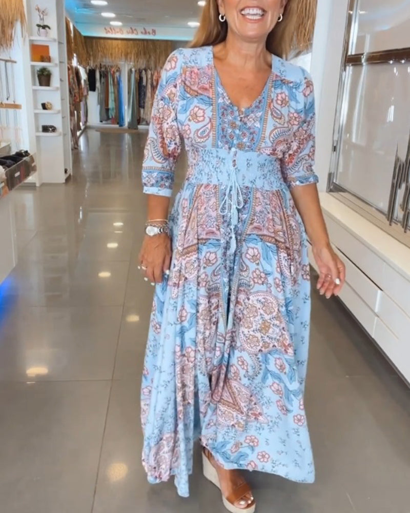 Astrid | Romantisk maxikjole med bohemeprint og bindebånd