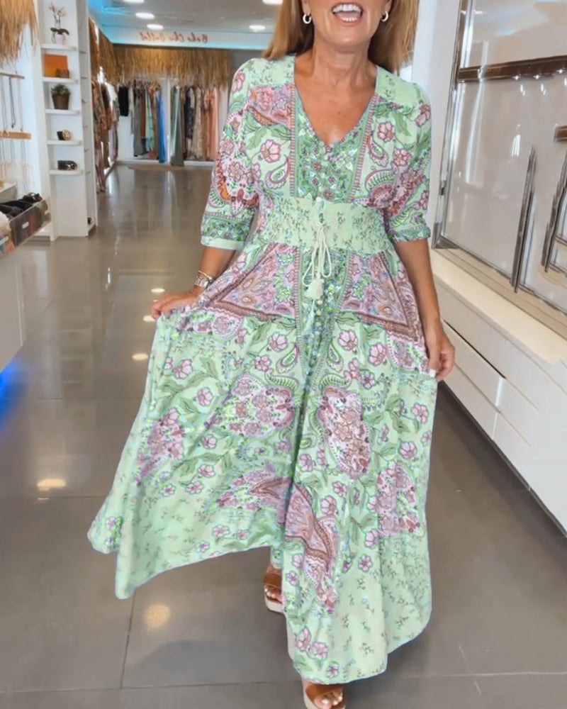 Astrid | Romantisk maxikjole med bohemeprint og bindebånd