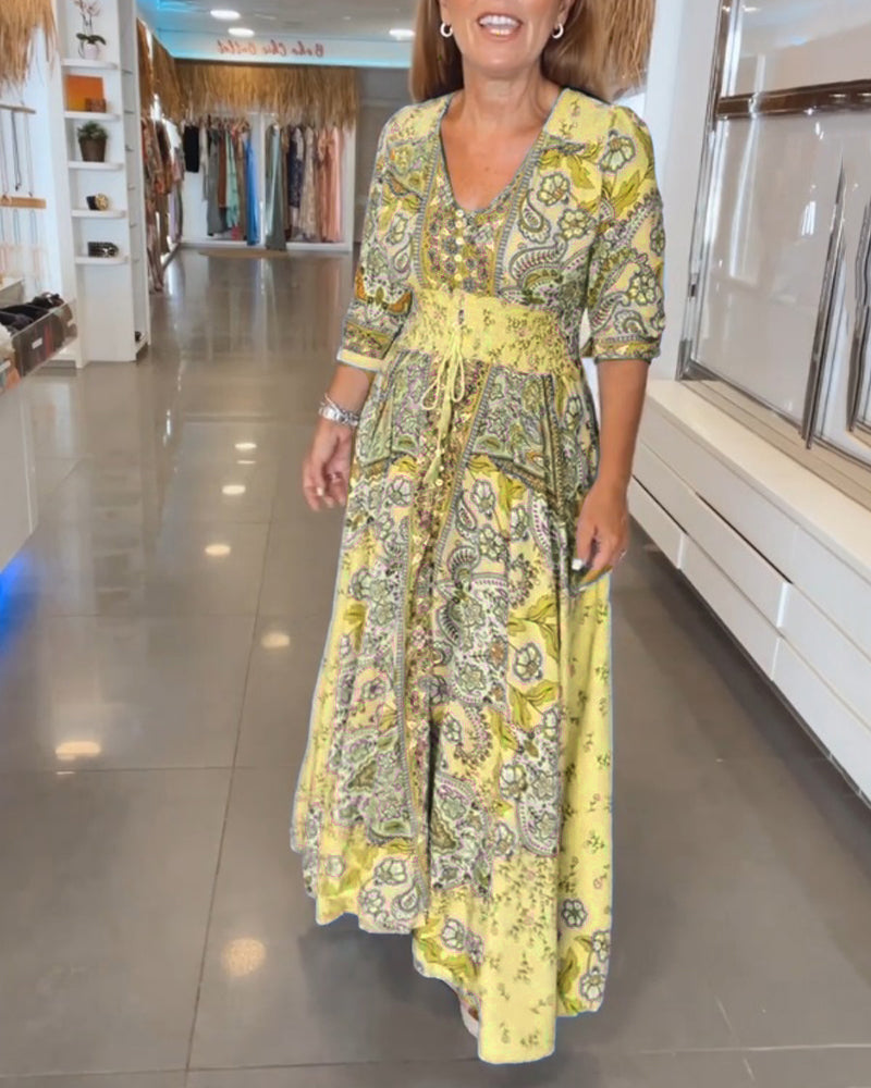 Lis – Kjole med Farverig Paisley Mønster med 3/4 Ærmer og Bindebånd