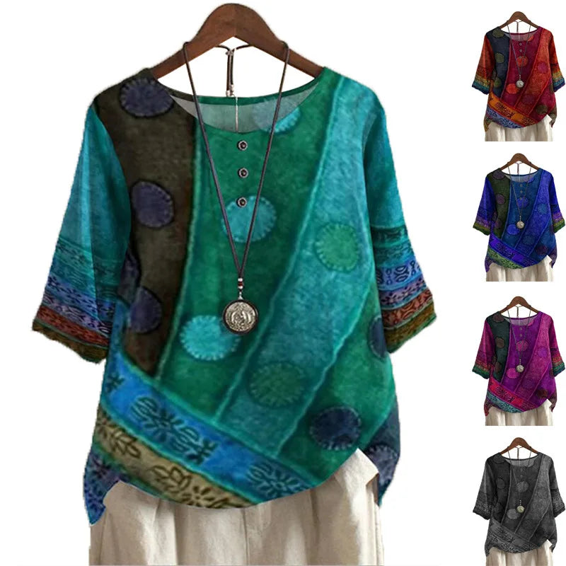 Kirsten - Behagelig, farverig top med halve ærmer